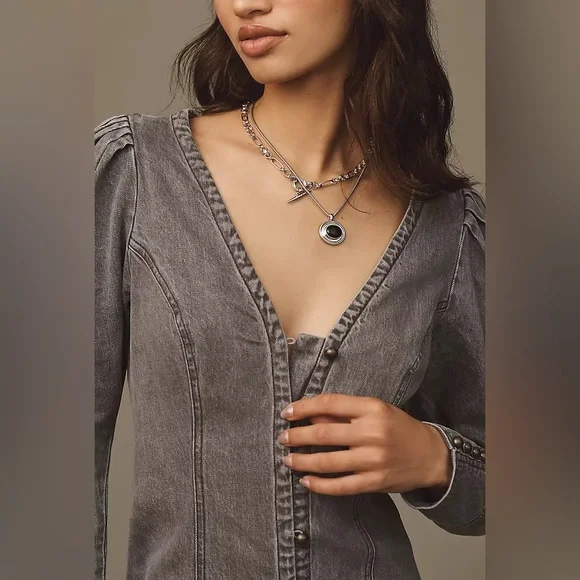 Anthropologie X Pilcro Puff Sleeve Denim Mini Dress Gray - Picture 4 of 11